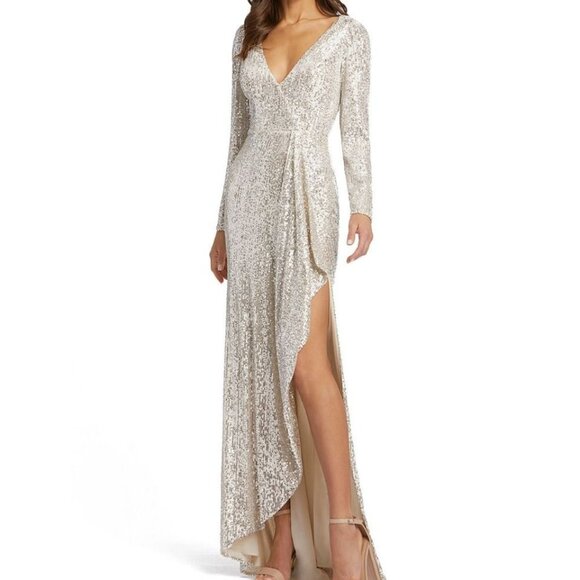 NWT NEW Mac Duggal 26395 V-Neck Long Sleeve Full Sequin Evening‎ Gown - Picture 1 of 9